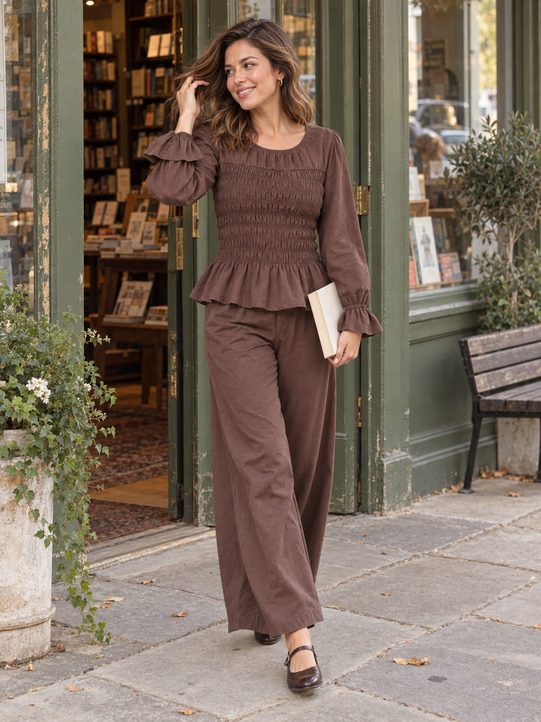 The Jardin Long Sleeve Set in Café, styled for a day out